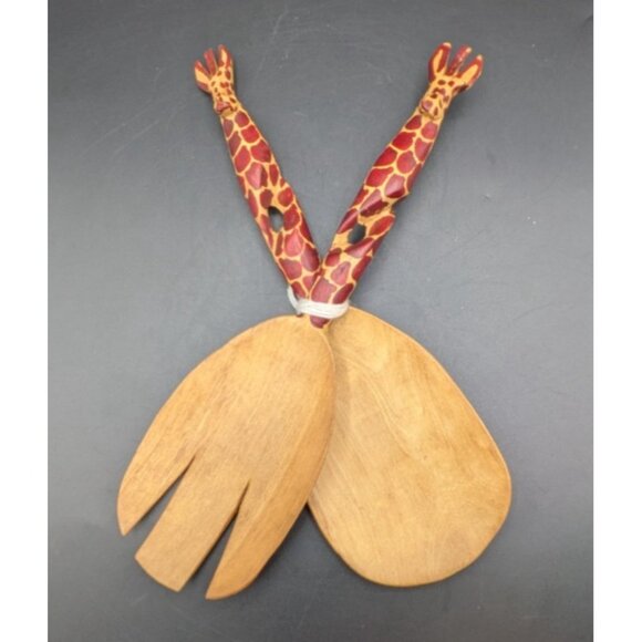 Giraffe Salad Serving Set African Hand Carved Wooden Large Fork and Spoon 12" - Picture 2 of 9